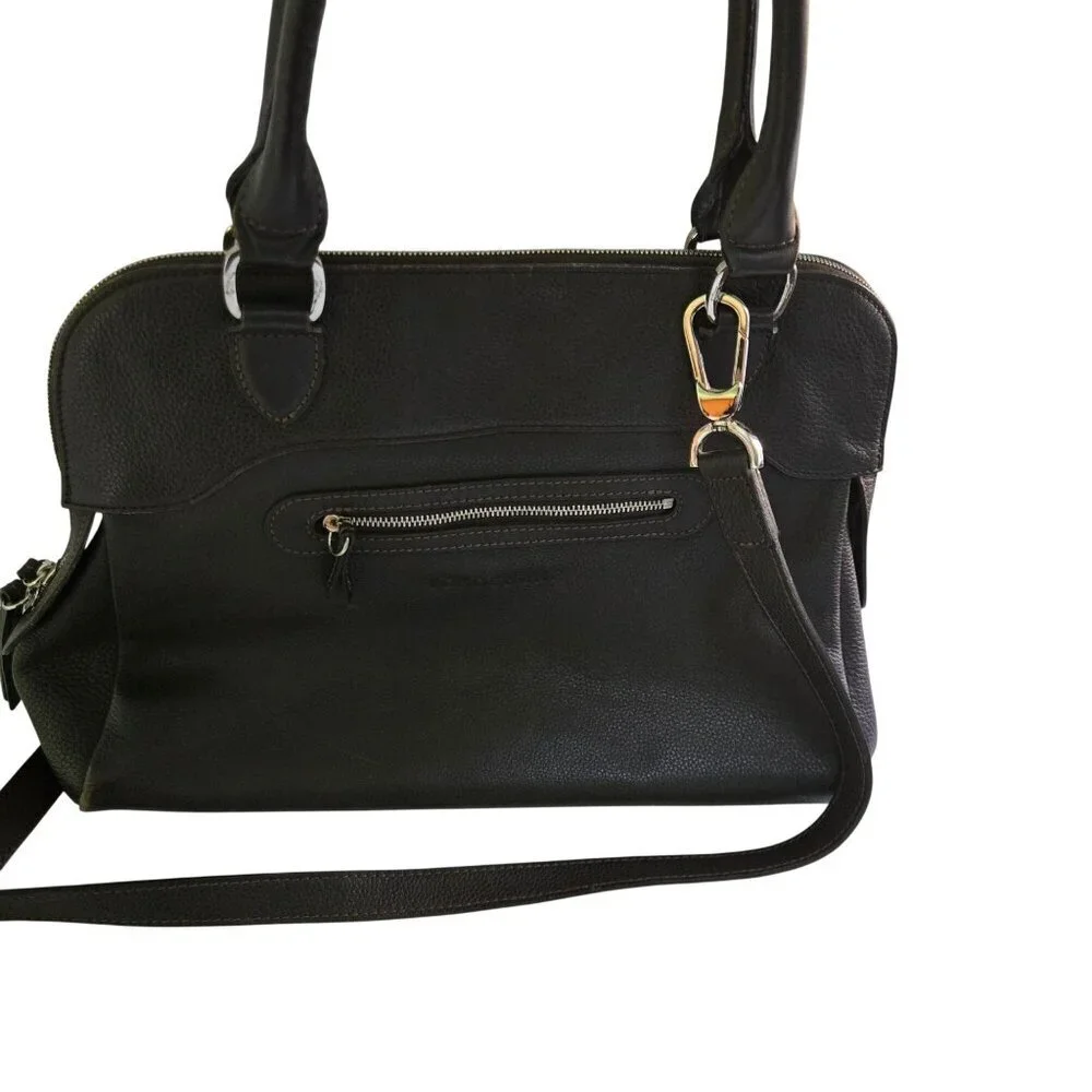 Longchamps Brown Pebbled Leather Top Handle Two Way Zip Satchel Crossbody